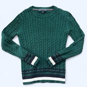 Vintage Tommy Hilfiger Green Cable Knit Small 100% Cotton Striped Sweater